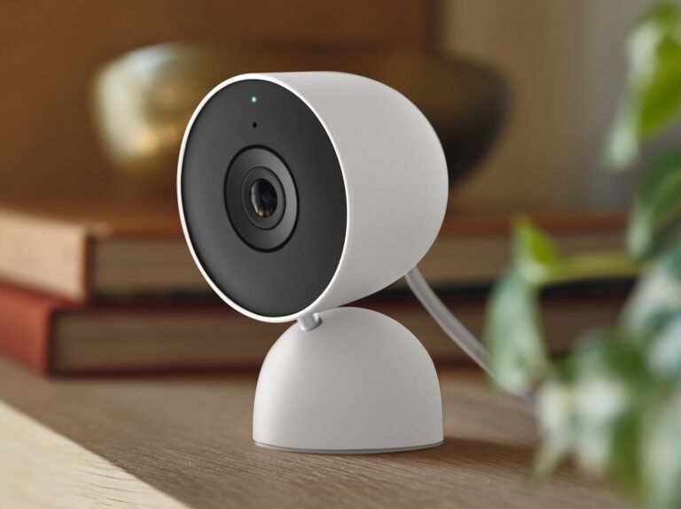 Google Nest Cam Indoor wired security camera on shelf