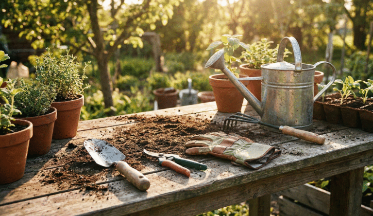 Collection of essential garden tools like trowel, pruners, and gloves on a potting bench