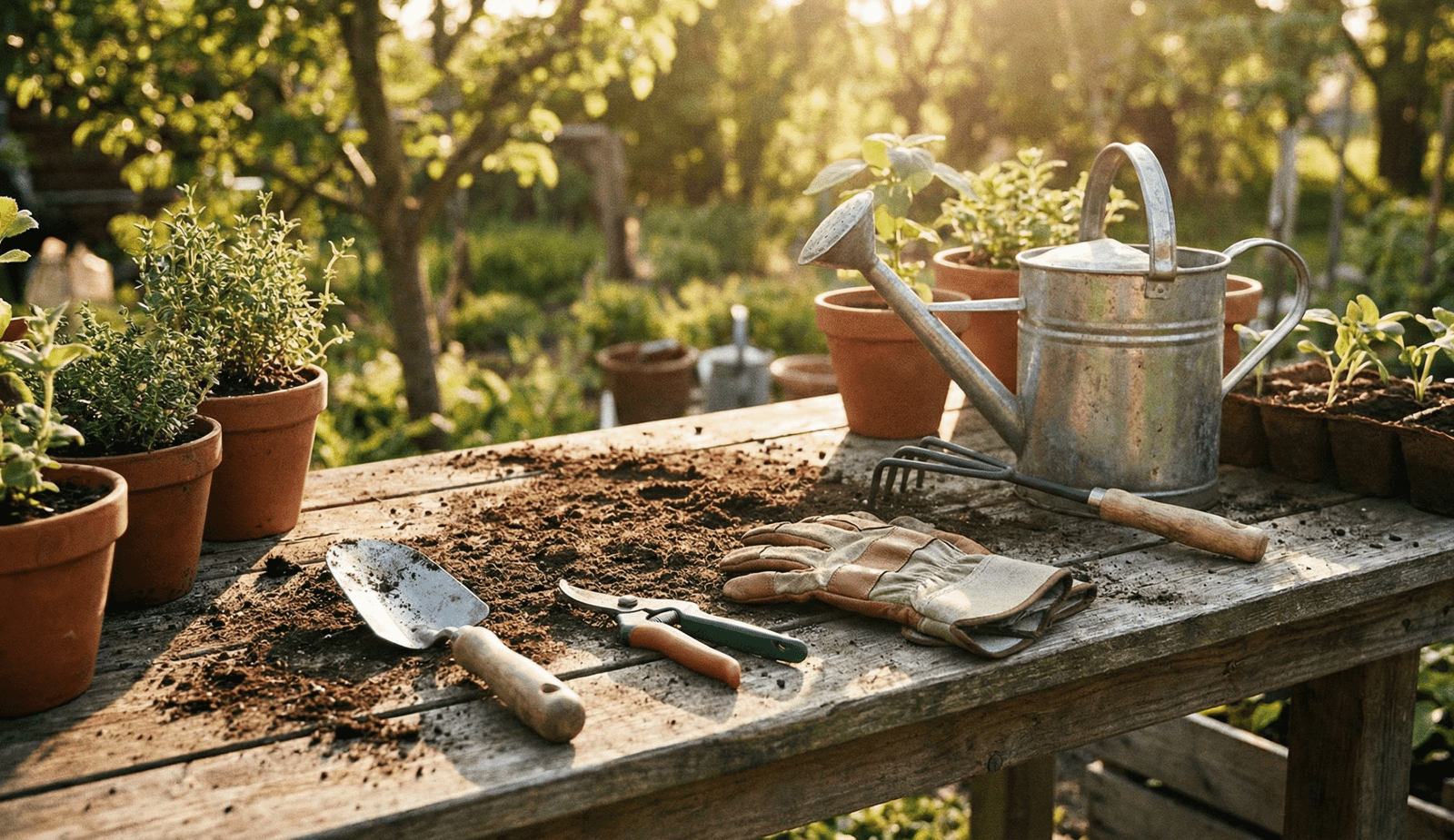Collection of essential garden tools like trowel, pruners, and gloves on a potting bench