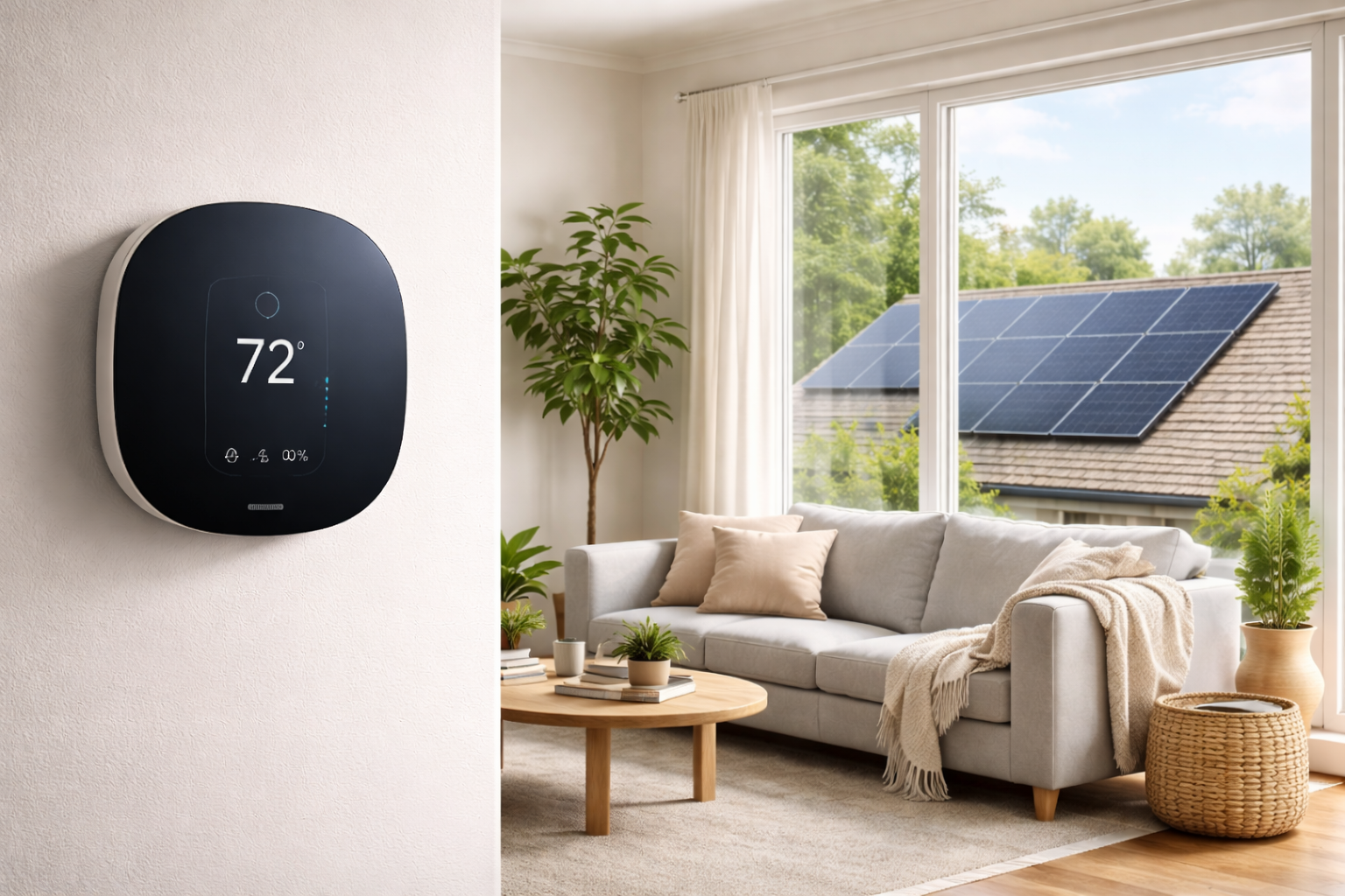 Energy Efficient Home Upgrades 2025 showing a smart thermostat and solar panel view