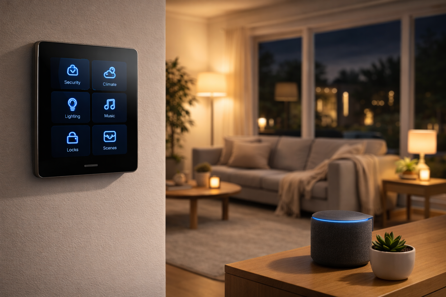 Smart Home Automation Guide featuring a central control panel and voice assistant speaker in a modern living room