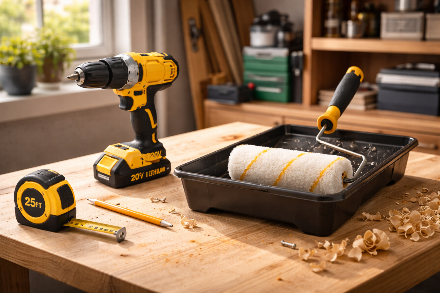 DIY Home Renovation Projects Guide essential tools like a power drill and paint roller on a workbench