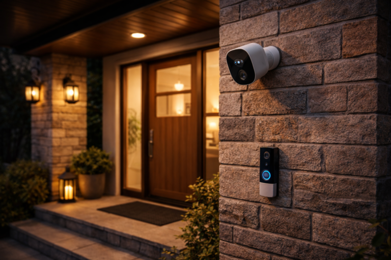 Home Security Camera Systems Guide showing a modern outdoor wireless camera at a front entrance