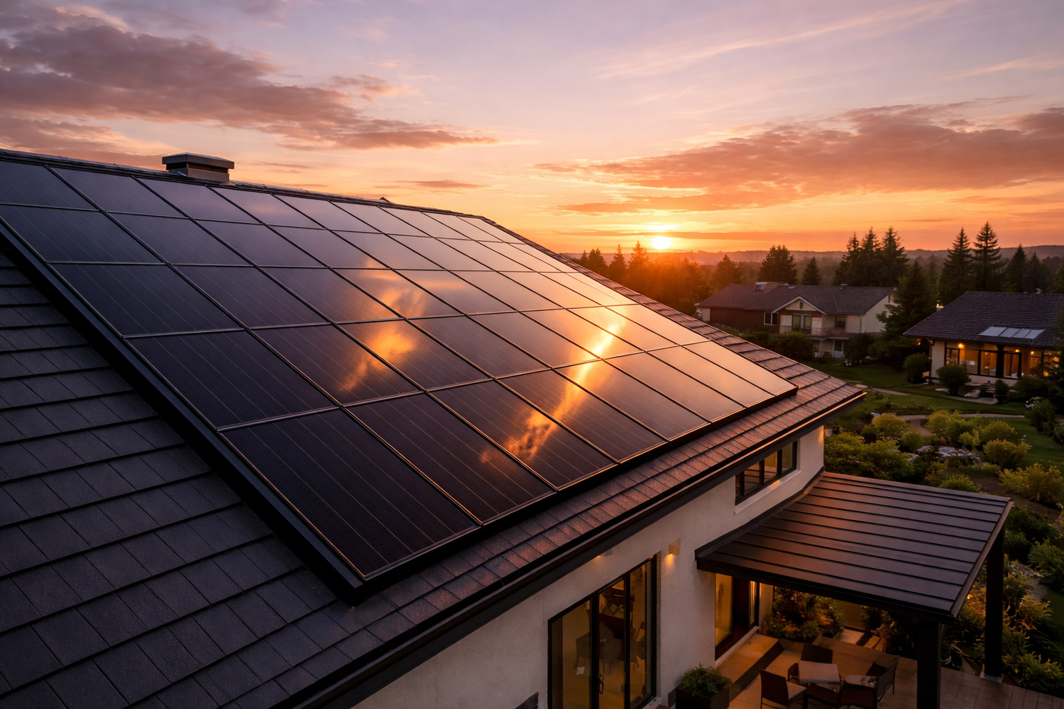 Solar Panel Home Installation Guide featuring sleek modern solar arrays on a house rooftop during golden hour