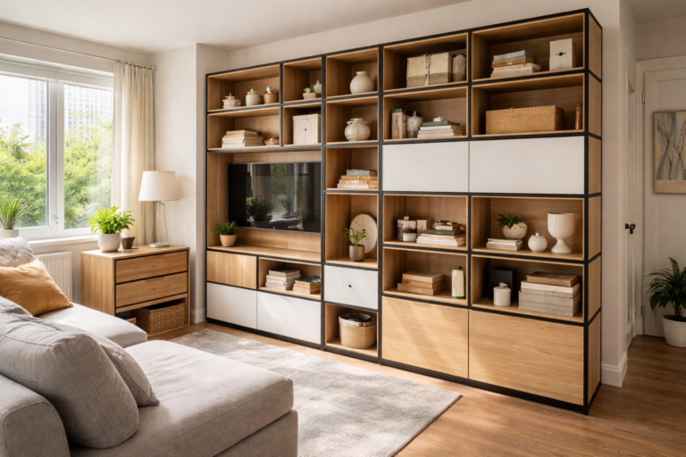 Modular storage solutions for small spaces featuring a versatile shelving unit in a modern studio apartment