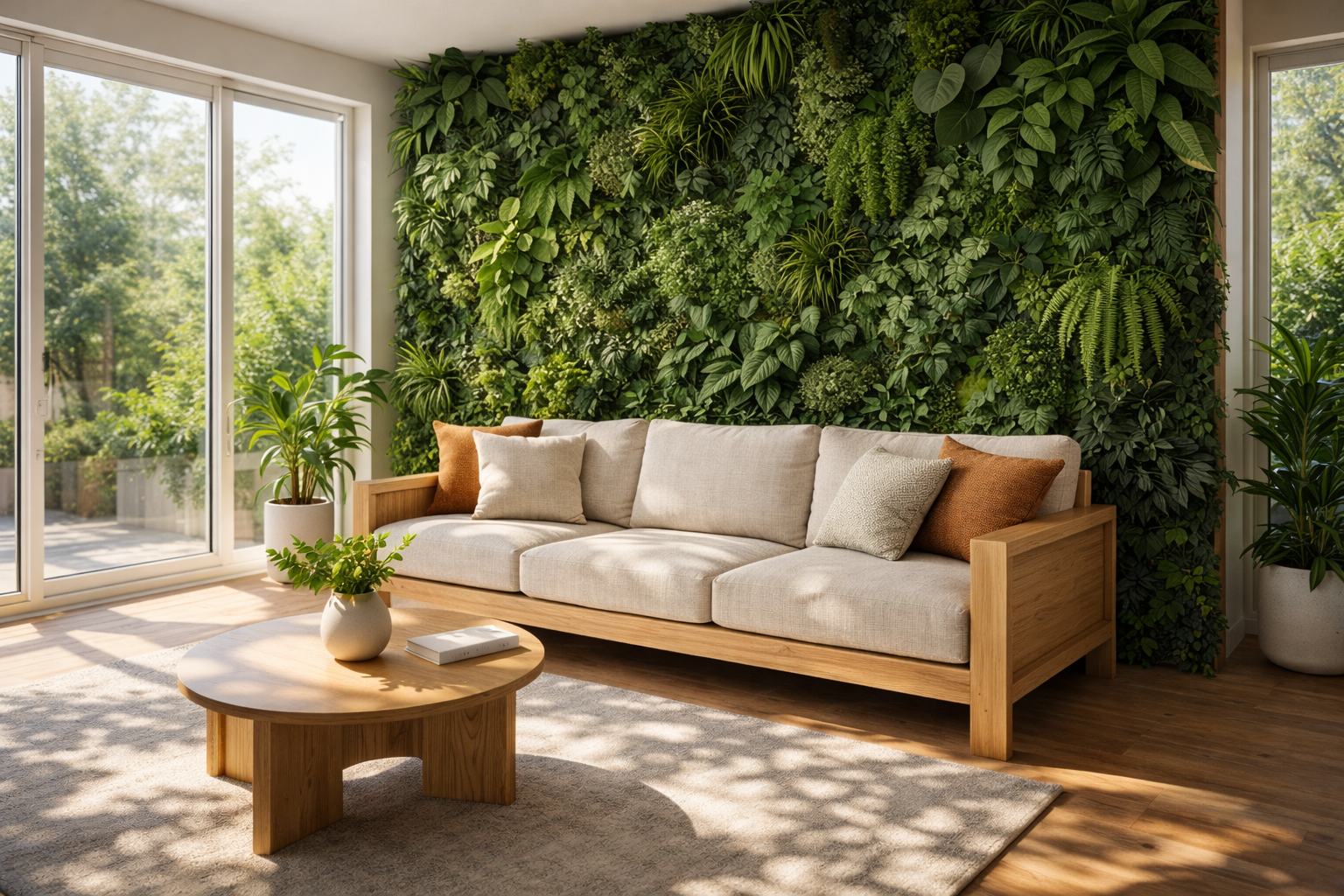 Biophilic Interior Design Guide showing a modern living room with a vertical garden wall and large windows