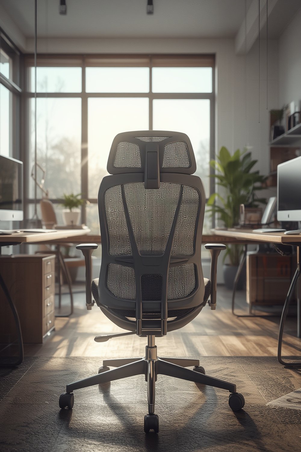 ergonomic chair in a modern home office with high back mesh and adjustable lumbar support